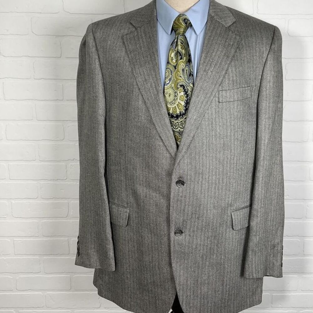 Jack Victor Blazer Men 46L Black White/Gray Herringbone Valutowood Silk‎ Jacket